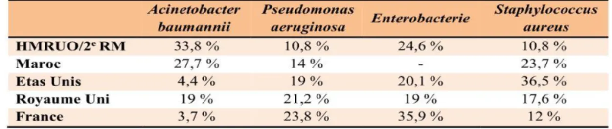 Tableau I : Répartition des germes responsables des PAVM selon les séries [132]. 