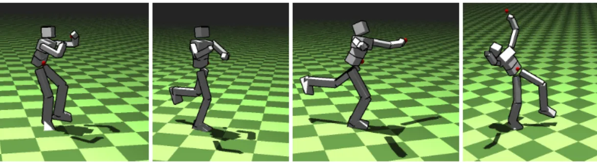 Figure 1: One foot balance. 3 control features are present here: right foot, Center of Mass (CoM), and left hand (red)