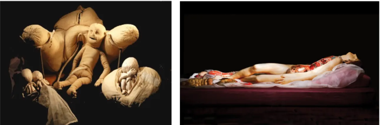 Figure 1 : A gauche le simulateur d’Angélique du Coudray (ca 1750 ; conservé au Musée Gustave Flaubert  et d’histoire de la médecine à Rouen, France) et à droite le modèle de cire la Venerina de Clemente Susini 