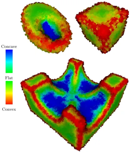 Fig. 8. Concave, convex and flat areas (according to the color scale on the left) on different objects using width-3 patches.