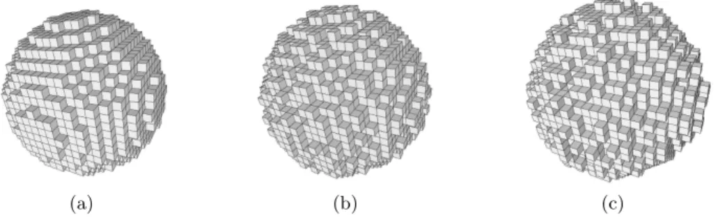 Fig. 3. A discrete sphere of radius 10 (a) without noise, (b) weakly noisy and (c) strongly noisy.