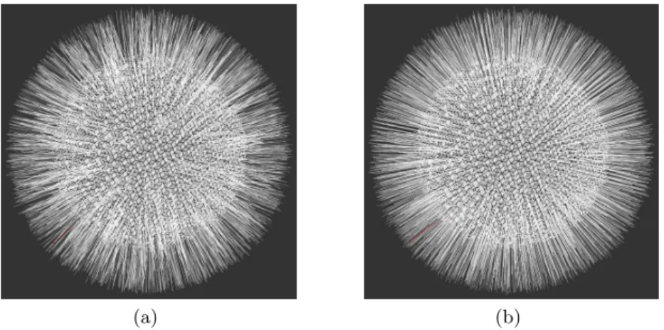 Fig. 4. Normal vector estimation on a weakly noisy sphere of radius 20 (a) using only the 26-neighborhood and (b) using the patch based approach with ν = 3.