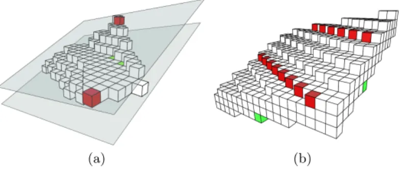 Fig. 1. (a) A width-3 blurred piece of discrete plane and (b) a piece of its optimal bounding plane P(4, 8, 19, −80, 49), using the Euclidean norm.