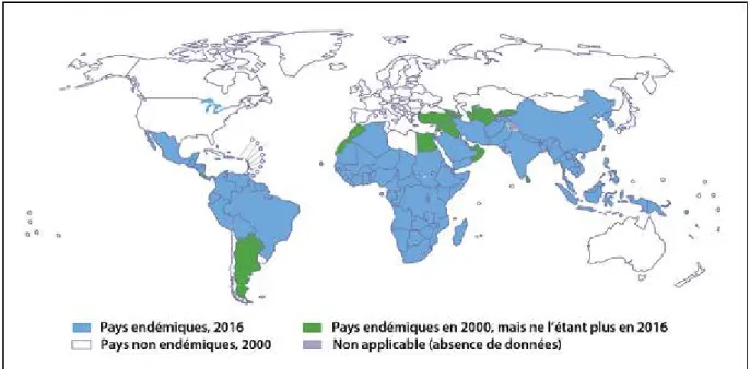 Figure 8: Évolution de la répartition mondiale de Plasmodium spp. entre 2000 et 2016 [36]