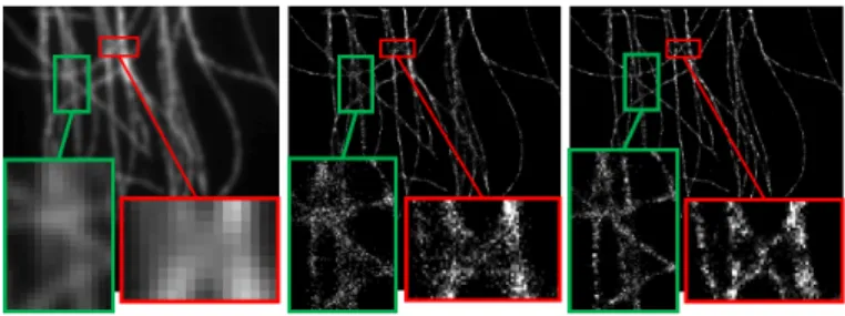 Figure 1: From left to right: Sum of the 500 acquisitions, IHT reconstruction and Biconvex constrained reconstruction.