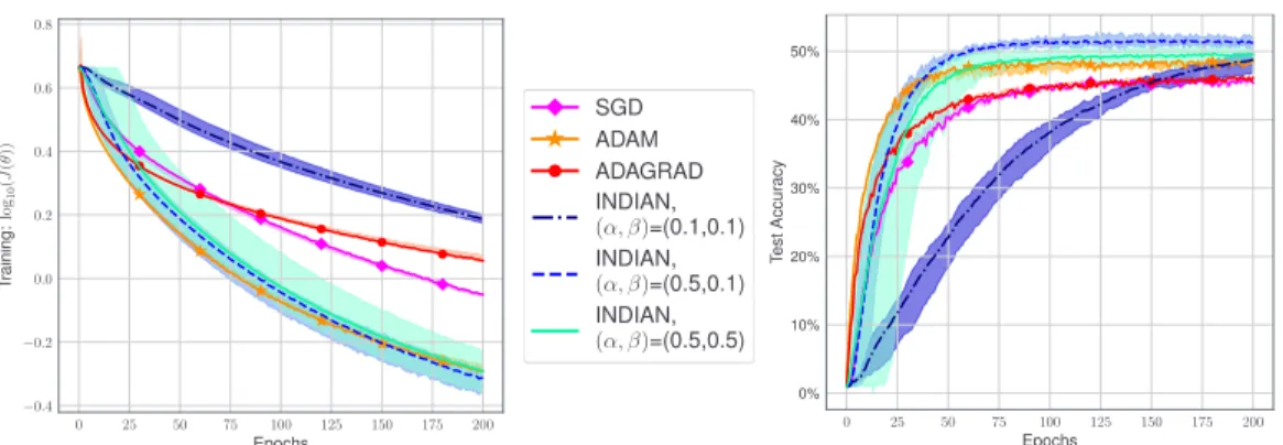 Figure 2: Optimization and accuracy results using NiN with CIFAR-100. Left: logarithm of the loss function J (θ)