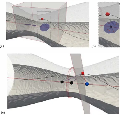 Fig. 4  Sketch of the medialness  correction geometrical  algorithm: a the 9 x 9 x 9  neighborhood of the selected  (red) dot is threshold for area  with a lower value of V  DT(x), b  candidates are tagged in orange  and their barycenter is found (it  resu