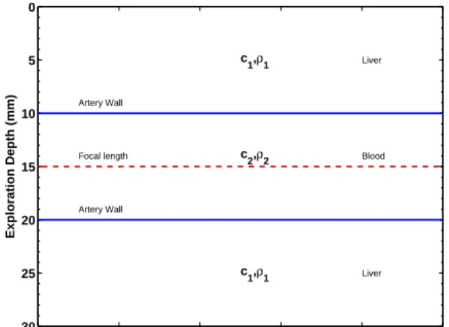 Figure 2: Grid of Medium Properties: c is the wave celerity and ρ is the density. The ultrasound probe was at the depth