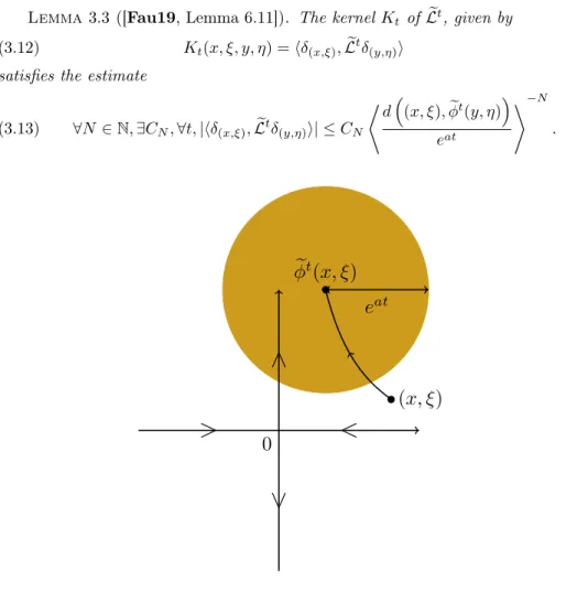 Figure 4. The image of a Dirac δ (x,ξ) by the operator L e is a smooth function microlocalized around the image φ e t (x, ξ) of the corresponding point by the lifted flow