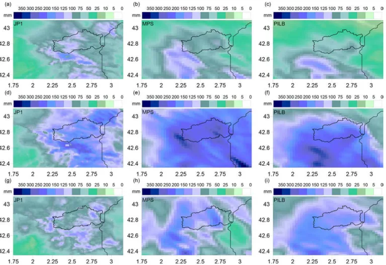 Figure 7. Spatial distributions of the 48 h rainfall amounts for the November 2013 episode according to (a) radar JP1, (b) MPS percentile 90 and (c) PILB percentile 90, starting on 16 November 00:00 UTC; (d) radar JP1, (e) MPS percentile 90 and (f) PILB pe