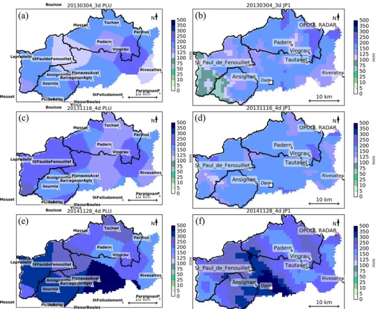 Figure 2. Spatial variability of the cumulative rainfall for event 20130304_3d (a, b), 20131116_4d (c, d) and 20141128_4d (e, f), according to the observations