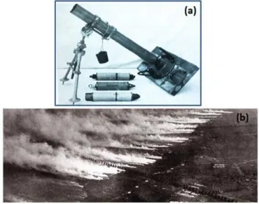 Figure I.1 :(a) Mortier de 81 mm avec des obus chimiques produits entre les deux guerres mondiales  (b) Vue aérienne de la dispersion d’un gaz de combat pendant la première guerre mondiale