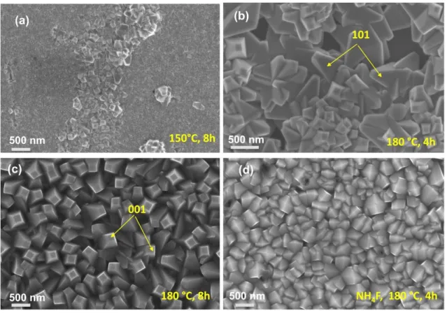 Figure II.12 : Films d’anatase synthétisés en présence d’HCl/H 2 SO 4  (14:1) et 0,5 ml de TTIP à  diverses températures et temps de synthèse .