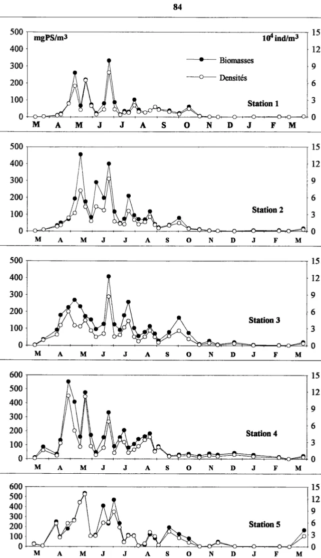 Figure 28: Variations saisonnières  des densités  et des biomasses  de Daphnia longispina dans la retenue du lVlirgenbach  (mars 1992 - mars f993).