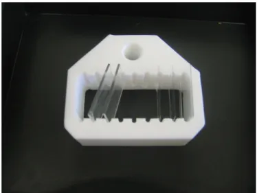 Figure 7.1  Support for slides made in teflon. On the left two cover glass  slides, with dimensions of ~75x25x1 mm (Marienfeld, Germany)