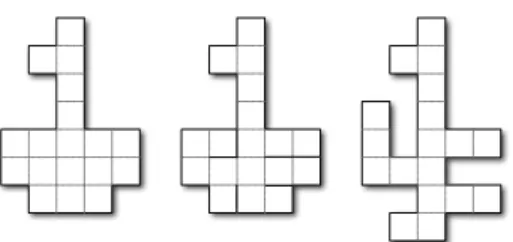 Fig. 1. Three octakaidecominoes (18-ominoes): non-tree-like (left), tree-like (middle), and incision-free tree-like (right).