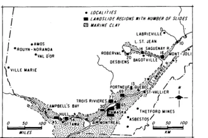 Figure 1.  Marine clay and landslide distribution in Quebec  (21). 