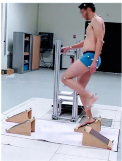 Fig. 1: Overview of the experimental setup during a recording session. A participant is asked to achieve a challenging locomotion task while using the handlebar to help himself.