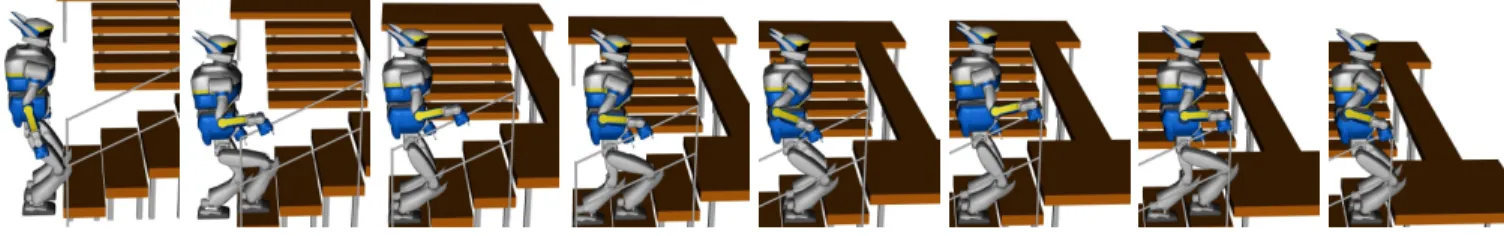 Fig. 5: Snapshots of the 15-cm steps climbing motion with handrail by the HRP-2 robot in simulation.