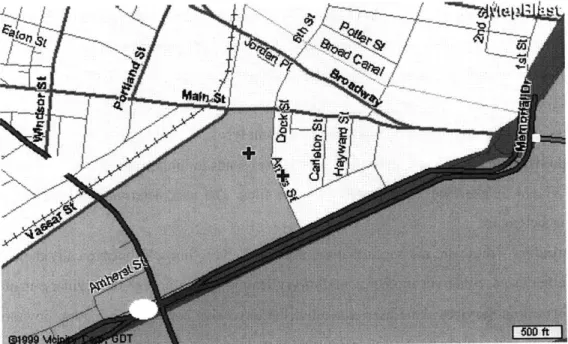 Figure 4.5:  Map showing distance between  location of departure  (Media Lab, on Ames St)  and location where identified by the GPS receiver (part way across campus,  the grey area)