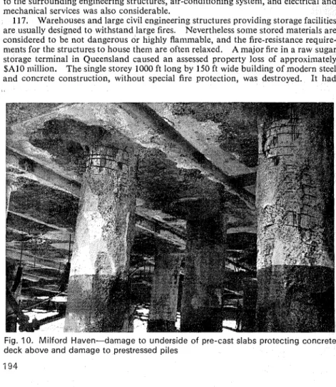 Fig.  10.  Milford  Haven-damage  to  underside  of pre-cast slabs protecting  concrete  deck above and damage to prestressed  piles 