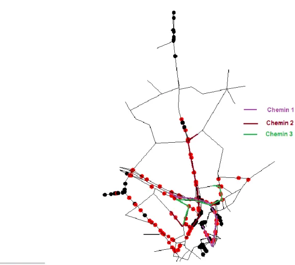 Fig 2.16 – Réseau de Newcastle dans le simulateur avec les 3 chemins L’évolution du temps de parcours sur le chemin 2 est donnée par la ﬁgure 2.18.