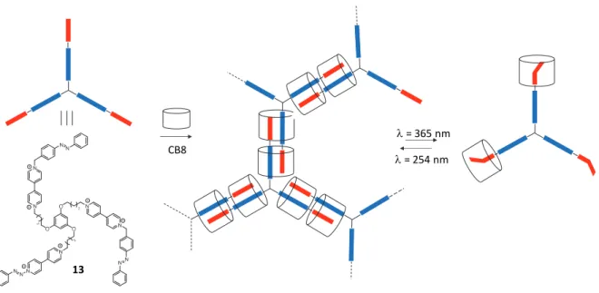 Figure 9.Schematic representation of the sel‐assembly process proposed with the star‐shaped monomer 12  with CB[8]