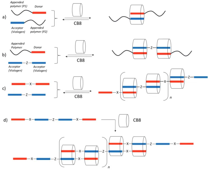 Figure 3. Schematic representation of the threading and elongation strategies developed with viologen‐based polymers. 