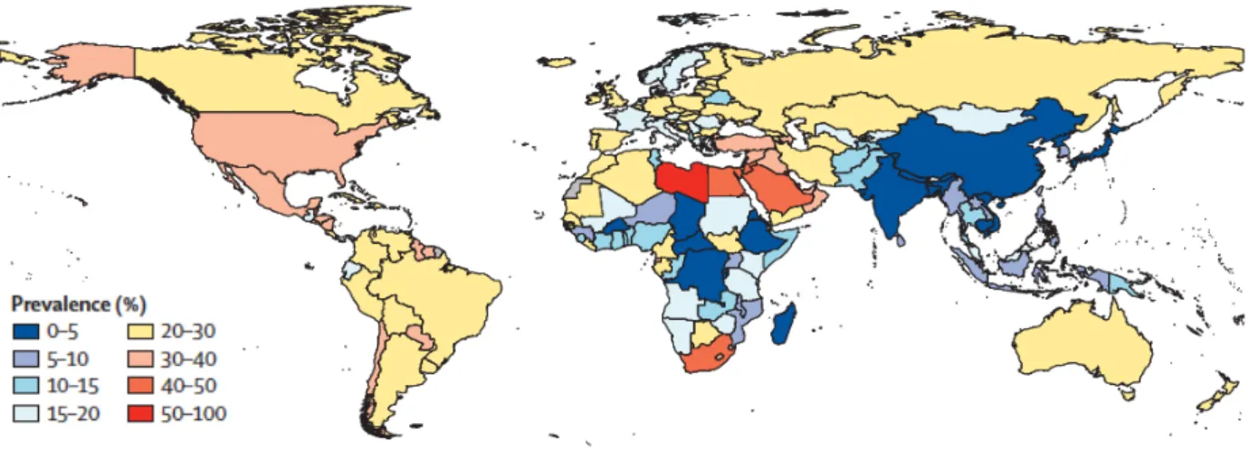 Figure 1. Age-standardized prevalence of obesity in adult women in 2013 (1) 