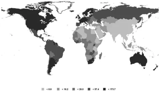Figure 9: World age-standardized prostate cancer incidence by country (rate  per 100,000 men)