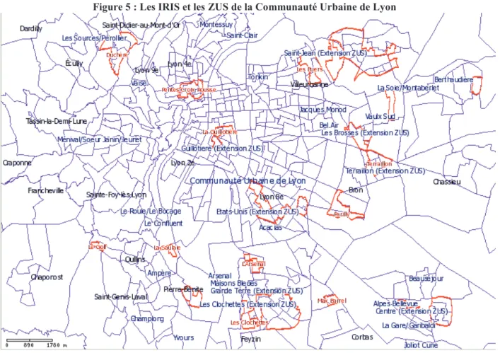 Figure 5 : Les IRIS et les ZUS de la Communauté Urbaine de Lyon