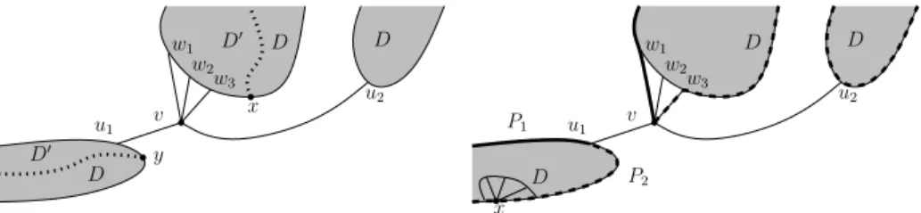 Fig. 3. The situation in Claim 1 (left) and Claim 2 (right) in the proof of Lemma 2.