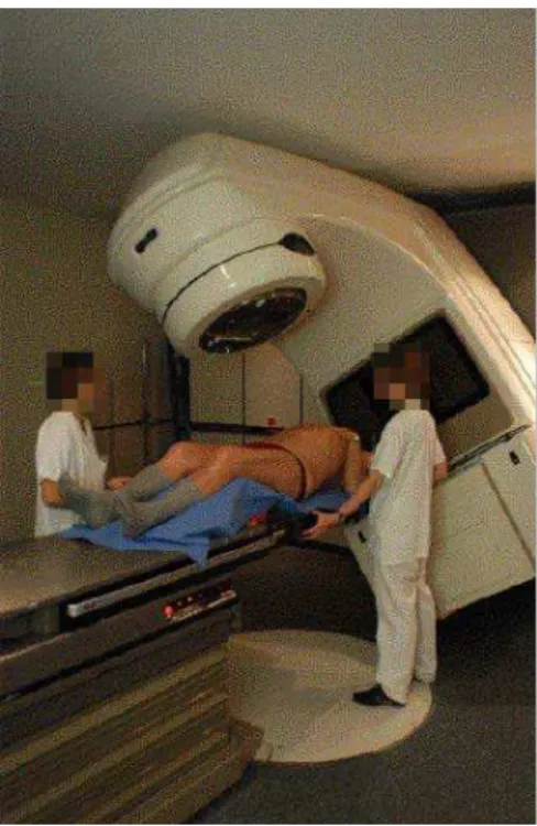 Figure 1.3 – Patient positionné sous l’accélérateur linéaire en salle de traitement.