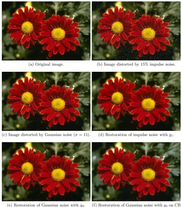 Fig. 1. Illustrative examples of the filtering efficiency for two types of noise corruption and different edge weights functions.