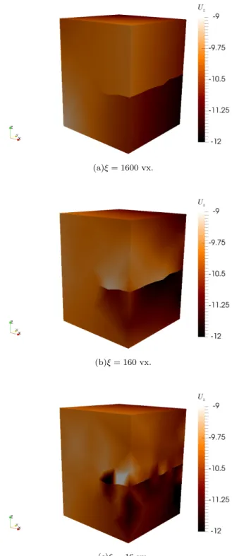FIG. 3. z-component of the displacement field obtained with a coarse mesh (Figure 1a) and three values of the regularization length, (a) ξ = 1600, (b) 160 and (c) 16 voxels