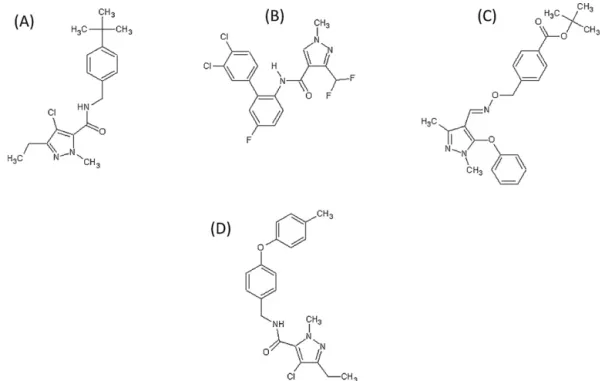 Fig. 5. Chemical structures of methyl-pyrazole pesticides tested in this study. (A) Tebufenpyrad, (B) bixafen, (C) fenpyroximate, (D) tolfenpyrad.