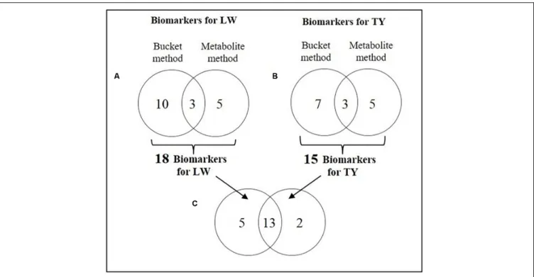 FIGURE 5 | Comparisons of biomarker lists with Venn diagram. (A) Biomarkers of liver weight (LW) identified by the bucket method and by the metabolite method (with VIP &gt; 1 and BH P-value &lt; 0.1), (B)