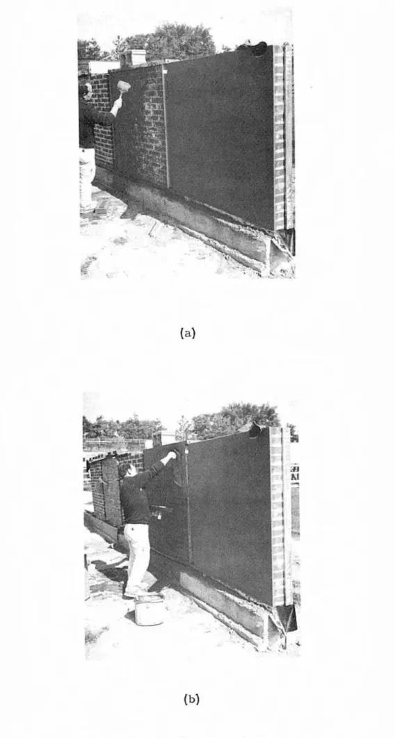 Figure  5.  Application  of  p a r   ging,  {a)  wetting  the  waU,  and  (b)  t r o w e l i n g  on  the parging
