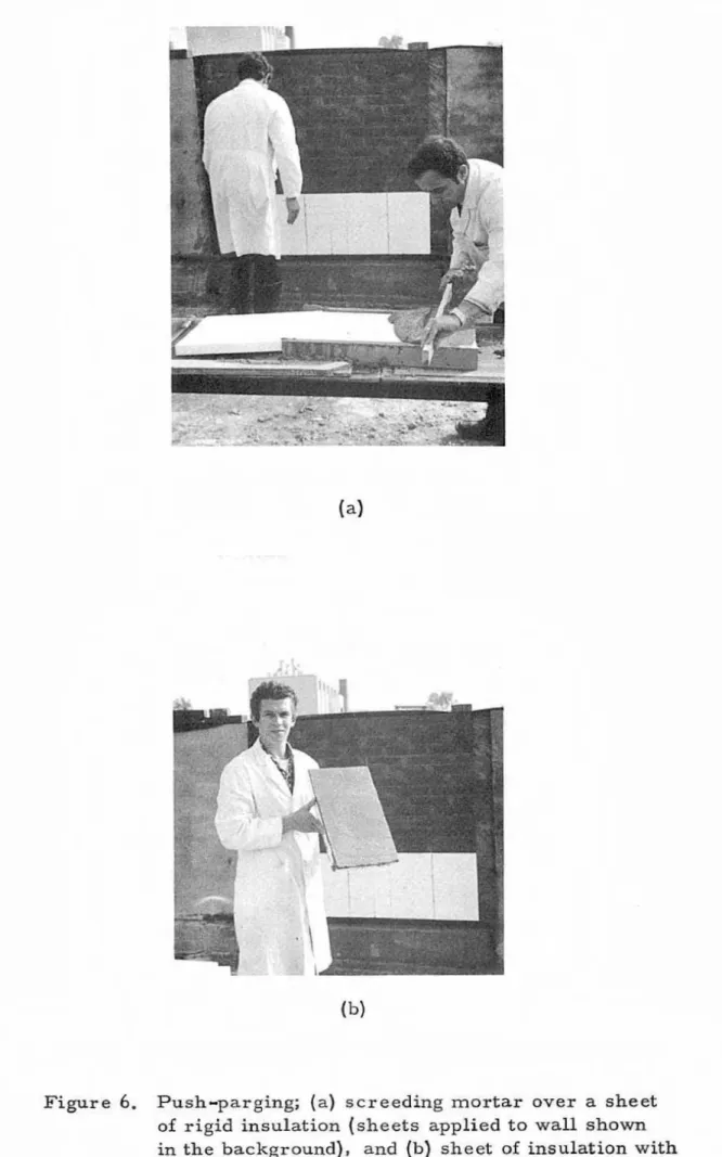 Figure  6 .   Push-parging;  (a)  screeding m o r t a r   over a  sheet  of  rigid  insulation  (sheets applied to  wall  shown  in the  background),  a n d   (b)  sheet  of  insulation with  parging  applied  to  it