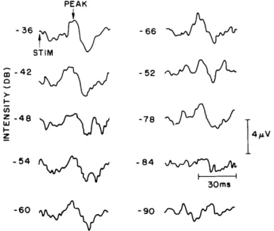 Fig.  XV-3. Intensity  series (subject  W.P.,  H-565).  Click presentation  randomized  with  respect  to  