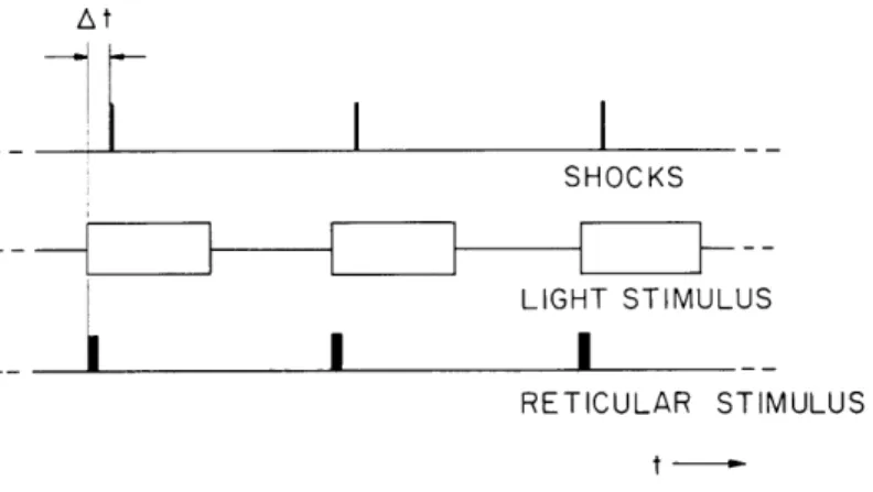 Fig.  XV-7.  Temporal  pattern  of  stimuli.  Top  line  shows  the  timing  of  the  shocks  to the  optic  pathway