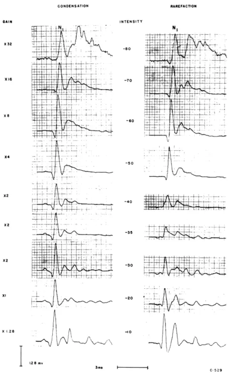 Fig.  XIII-7.  Intensity  series  for  both  stimulus  polarities  for  multipulse  stimuli  as shown  in  the  upper  part  of  Fig