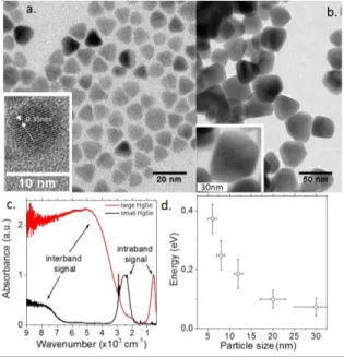 Figure  4  a.  TEM  image  of  small  HgSe  CQD.  The  inset  is  a  high  resolution image highlighting the lattice fringes