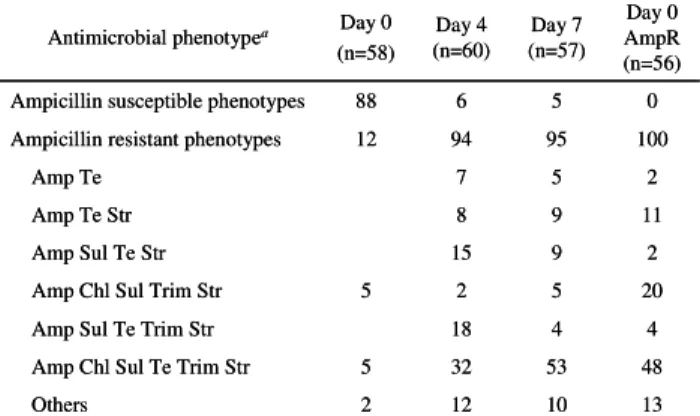 TABLE 3. Percentage of antimicrobial phenotypes for E. coli isolates from ampicillin-treated 551 