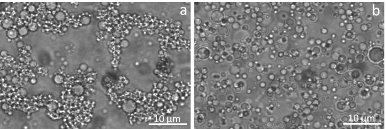 Figure 1 shows photographs of the emulsions obtained with the optical microscope. For better  visualization,  emulsions  were  diluted  with  PDMS  to  obtain  5%  vol