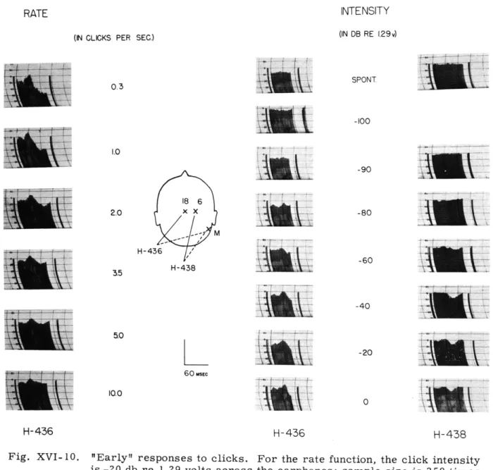 Fig.  XVI-10.  "Early"  responses  to  clicks.  For  the  rate  function,  the  click  intensity is  -20  db  re  1.29  volts  across  the  earphones;  sample  size  is  250  times the  click  rate