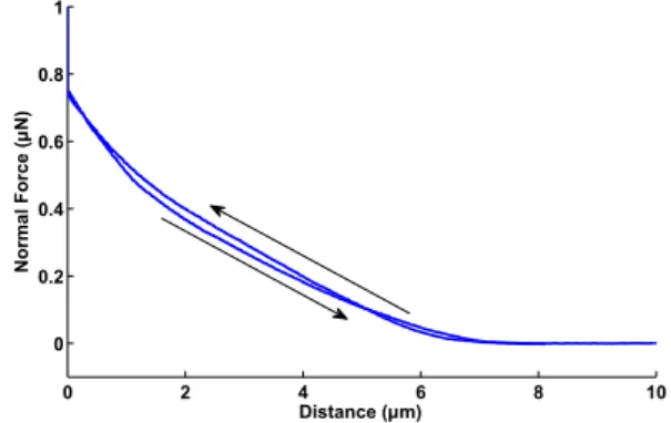 Fig. 5. Force-distance curve for the APDMES functionalised substrate in wet medium (spring constant 0.3 N/m.