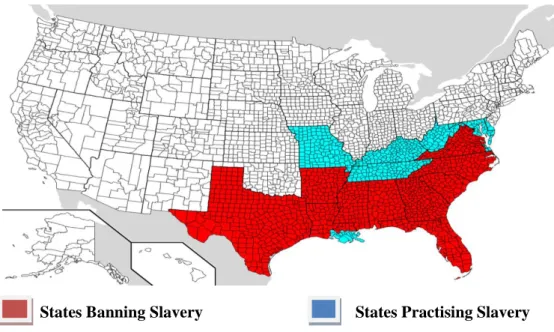 Fig. 09:  Slave holding areas in 1862 after the Emancipation Proclamation  (Source: https://en.wikipedia.org/wiki/Emancipation_Proclamation) 