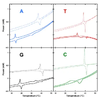 Fig. 3. DSC experiments of diC16-3′-dA (top left blue), diC16-3′-dT (top right red),  diC16-3′-G  (bottom  left  black)  &amp;  diC16-3′-C  (bottom  right  green)  in  the  absence  (solid lines) or presence of 0.9% (w/v) NaCl (dotted lines)