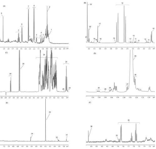 Fig. 4. Typical NMR spectrum obtained from cow milk using the methanol protocol for sample prepa- prepa-ration